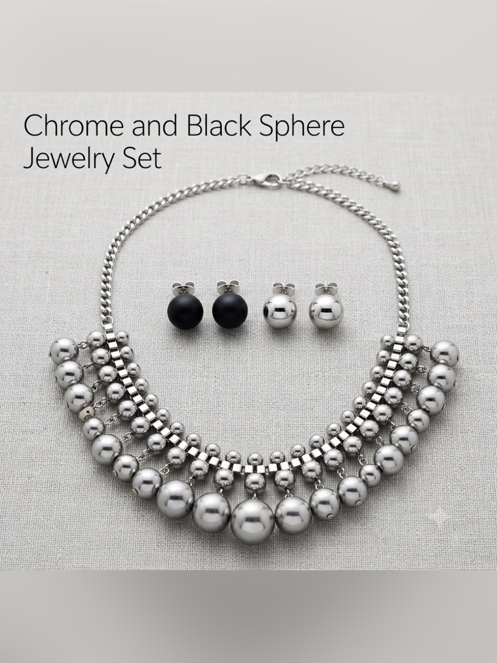 Chunky Silver Sphere Bib Necklace & Stud Earrings Set (Black & Chrome Studs)